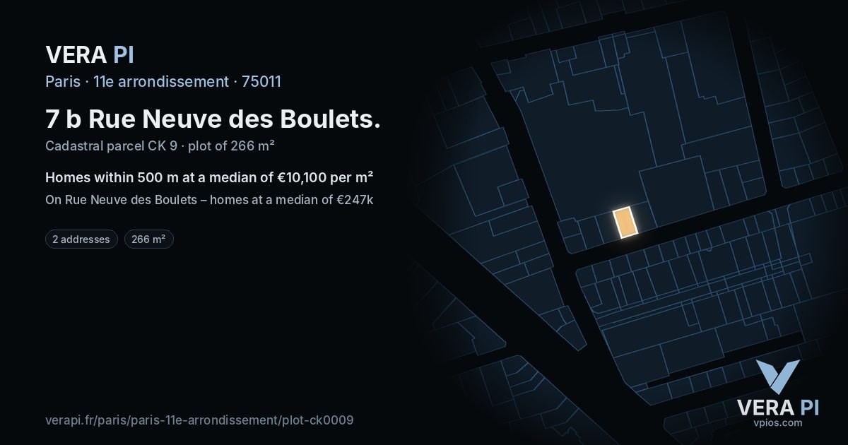 7 b Rue Neuve des Boulets, 11e arrondissement at night – the plot lit, the parcels around coloured by the prices near them