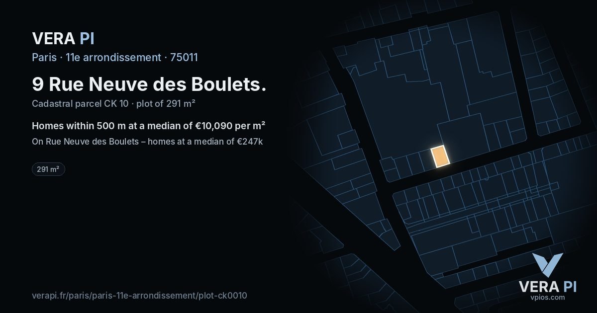9 Rue Neuve des Boulets, 11e arrondissement at night – the plot lit, the parcels around coloured by the prices near them