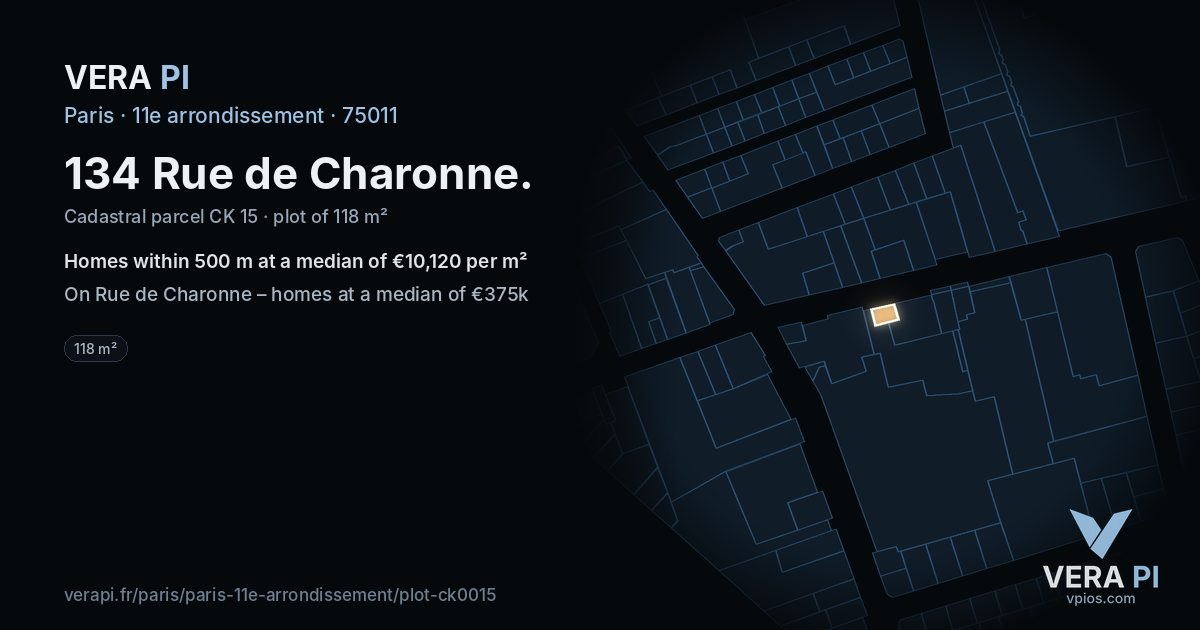 134 Rue de Charonne, 11e arrondissement at night – the plot lit, the parcels around coloured by the prices near them