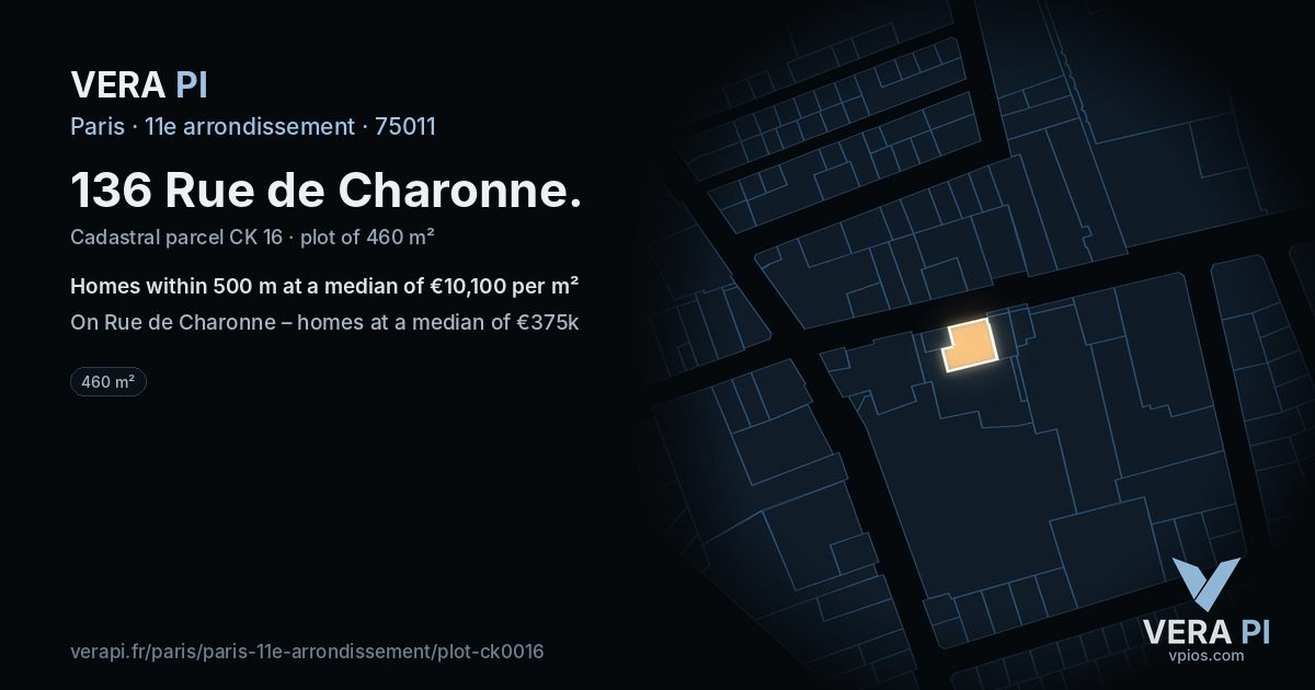 136 Rue de Charonne, 11e arrondissement at night – the plot lit, the parcels around coloured by the prices near them