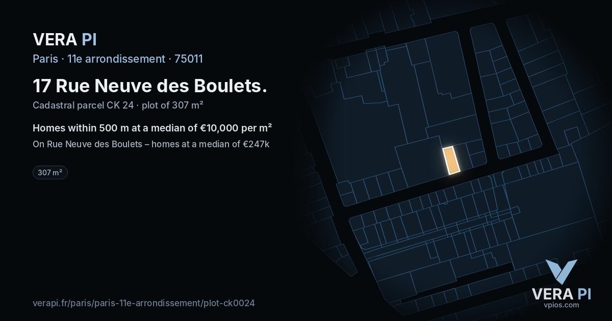 17 Rue Neuve des Boulets, 11e arrondissement at night – the plot lit, the parcels around coloured by the prices near them
