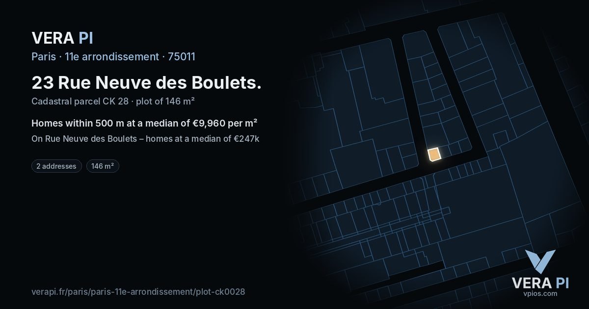 23 Rue Neuve des Boulets, 11e arrondissement at night – the plot lit, the parcels around coloured by the prices near them