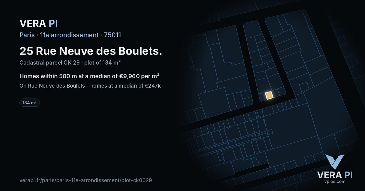 25 Rue Neuve des Boulets, 11e arrondissement at night – the plot lit, the parcels around coloured by the prices near them