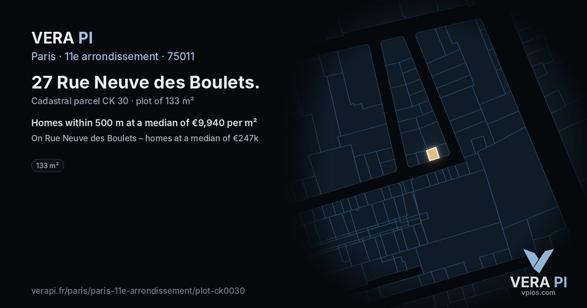 27 Rue Neuve des Boulets, 11e arrondissement at night – the plot lit, the parcels around coloured by the prices near them
