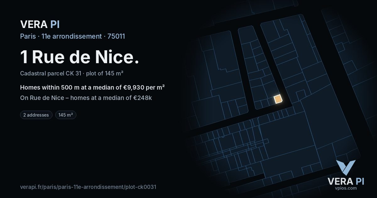 1 Rue de Nice, 11e arrondissement at night – the plot lit, the parcels around coloured by the prices near them