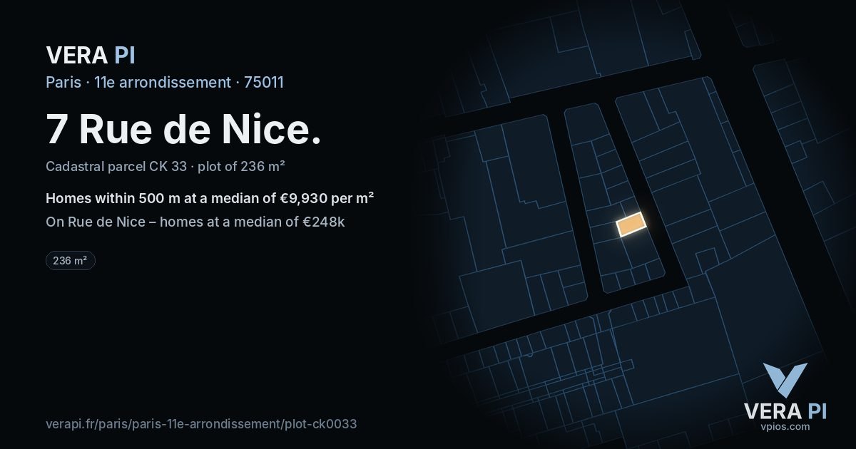7 Rue de Nice, 11e arrondissement at night – the plot lit, the parcels around coloured by the prices near them