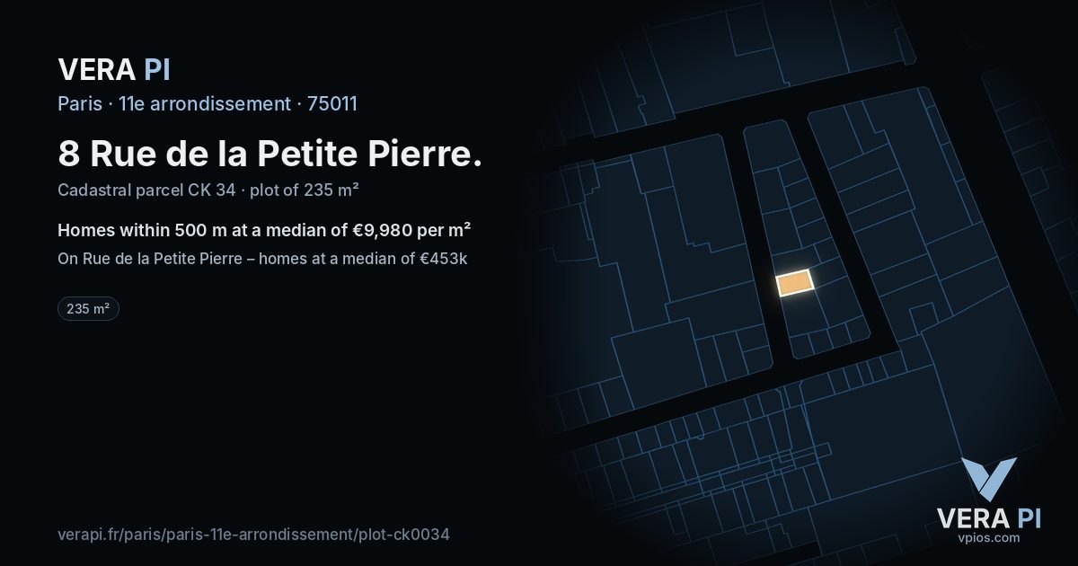 8 Rue de la Petite Pierre, 11e arrondissement at night – the plot lit, the parcels around coloured by the prices near them