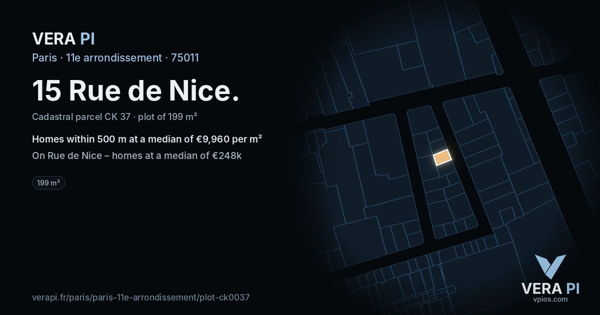 15 Rue de Nice, 11e arrondissement at night – the plot lit, the parcels around coloured by the prices near them