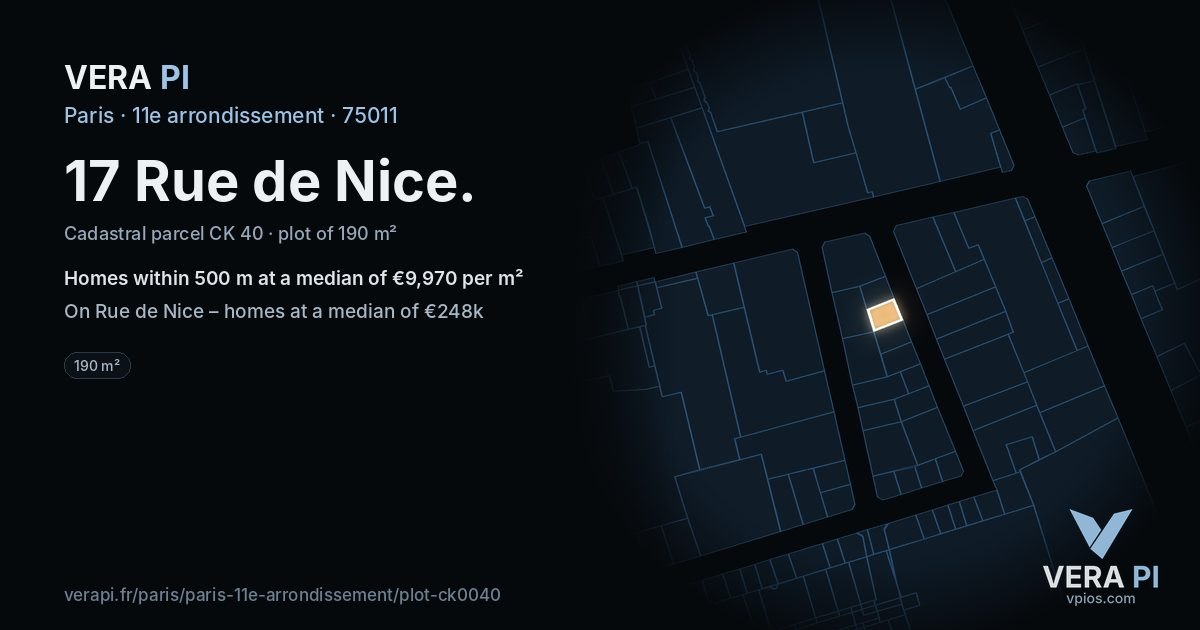 17 Rue de Nice, 11e arrondissement at night – the plot lit, the parcels around coloured by the prices near them