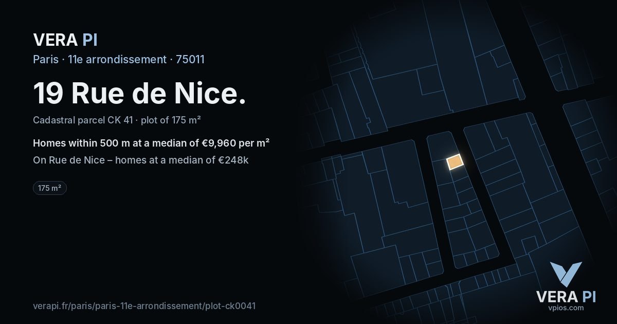 19 Rue de Nice, 11e arrondissement at night – the plot lit, the parcels around coloured by the prices near them