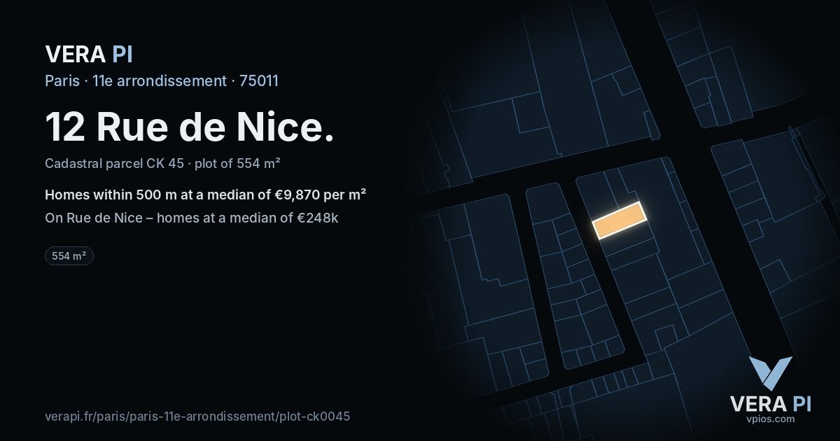 12 Rue de Nice, 11e arrondissement at night – the plot lit, the parcels around coloured by the prices near them