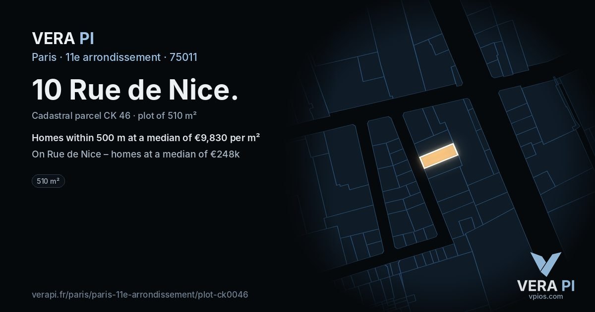 10 Rue de Nice, 11e arrondissement at night – the plot lit, the parcels around coloured by the prices near them