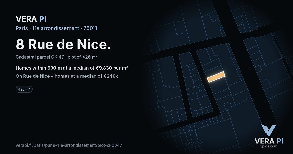 8 Rue de Nice, 11e arrondissement at night – the plot lit, the parcels around coloured by the prices near them