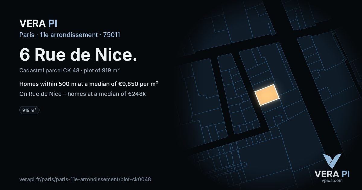 6 Rue de Nice, 11e arrondissement at night – the plot lit, the parcels around coloured by the prices near them