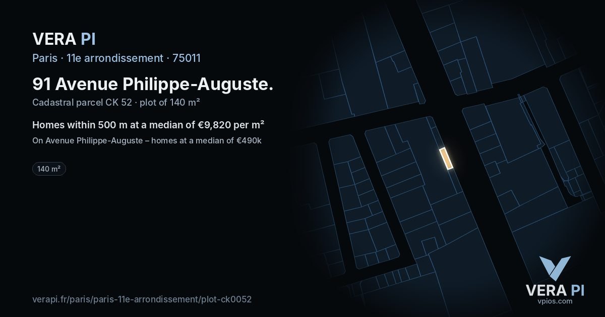 91 Avenue Philippe-Auguste, 11e arrondissement at night – the plot lit, the parcels around coloured by the prices near them