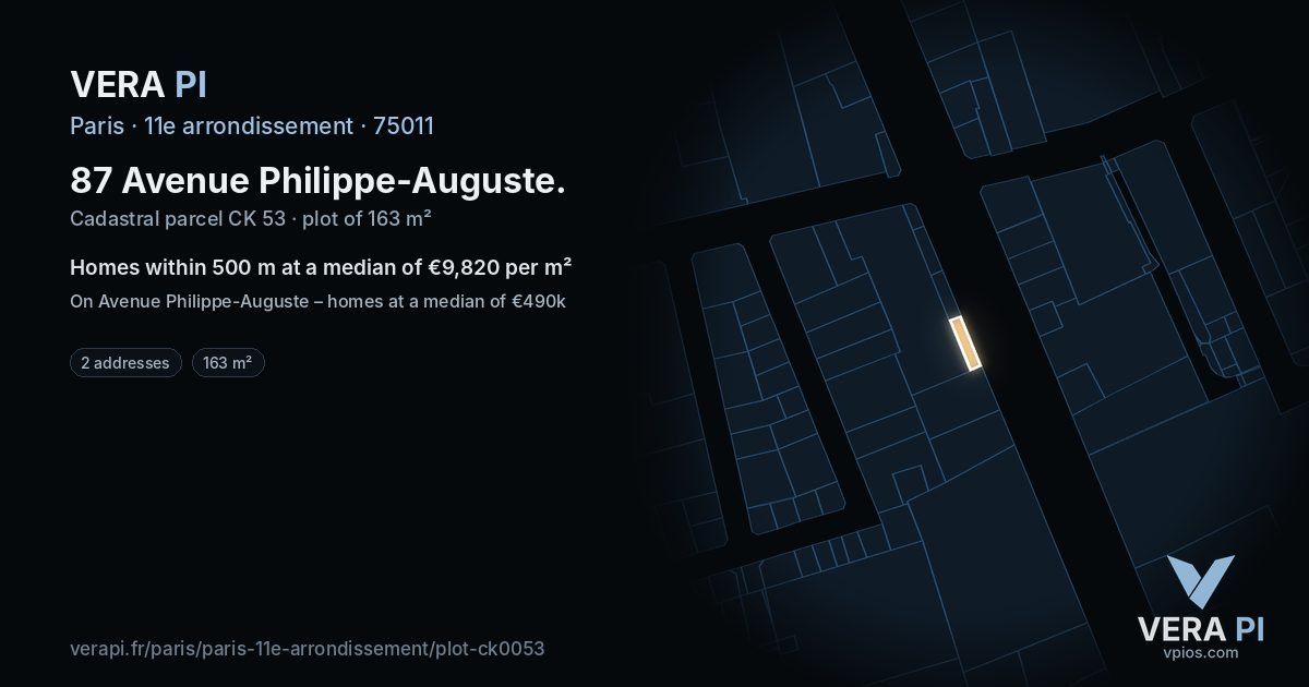 87 Avenue Philippe-Auguste, 11e arrondissement at night – the plot lit, the parcels around coloured by the prices near them