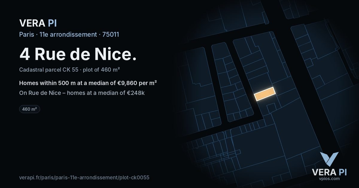 4 Rue de Nice, 11e arrondissement at night – the plot lit, the parcels around coloured by the prices near them