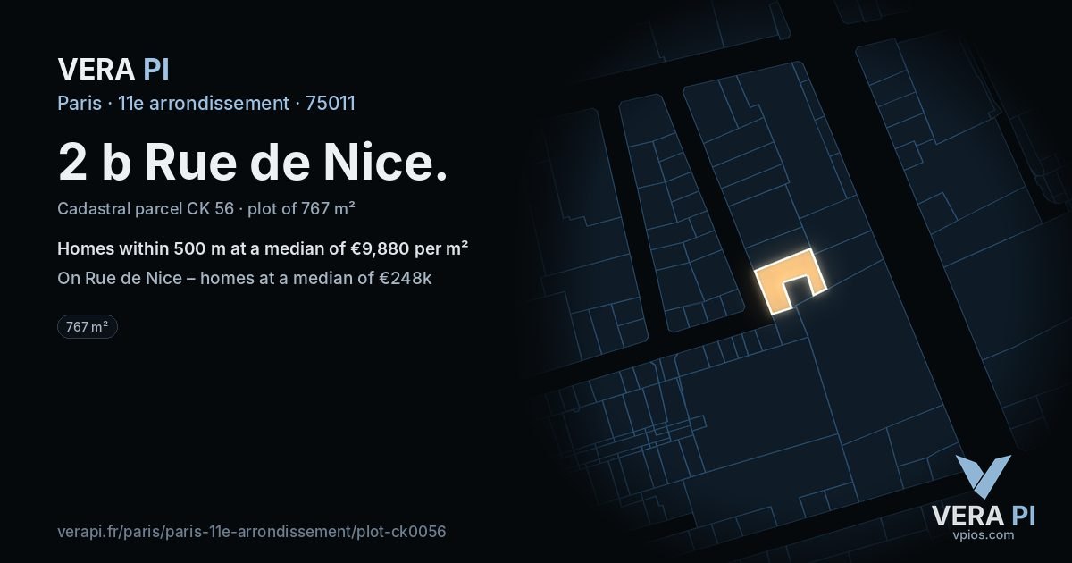2 b Rue de Nice, 11e arrondissement at night – the plot lit, the parcels around coloured by the prices near them