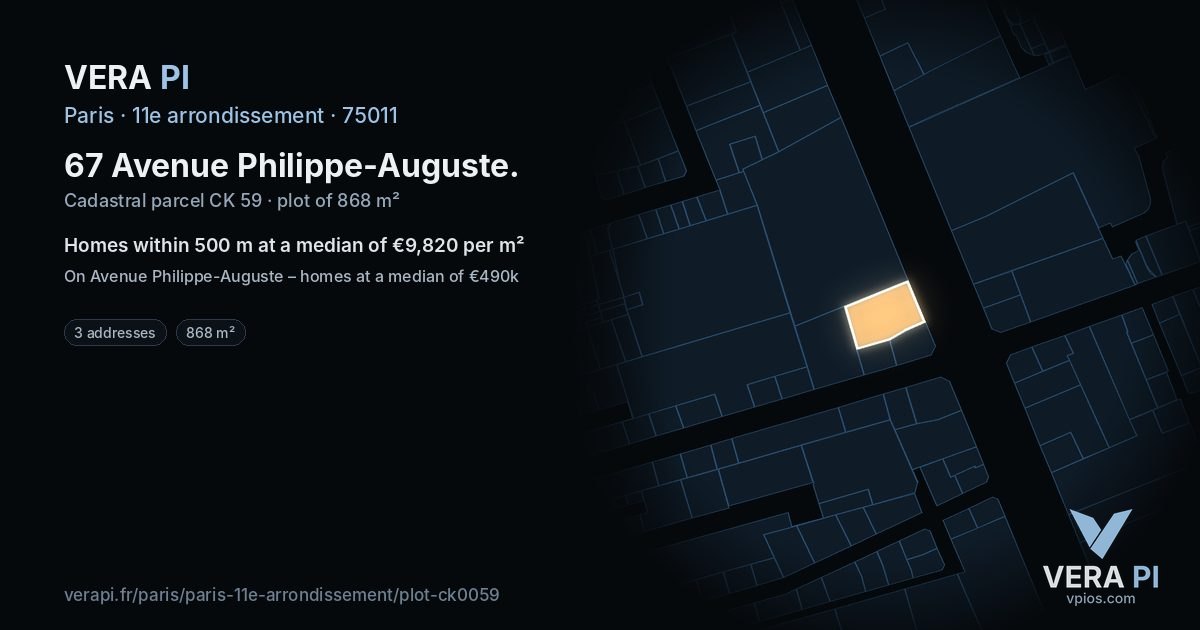 67 Avenue Philippe-Auguste, 11e arrondissement at night – the plot lit, the parcels around coloured by the prices near them