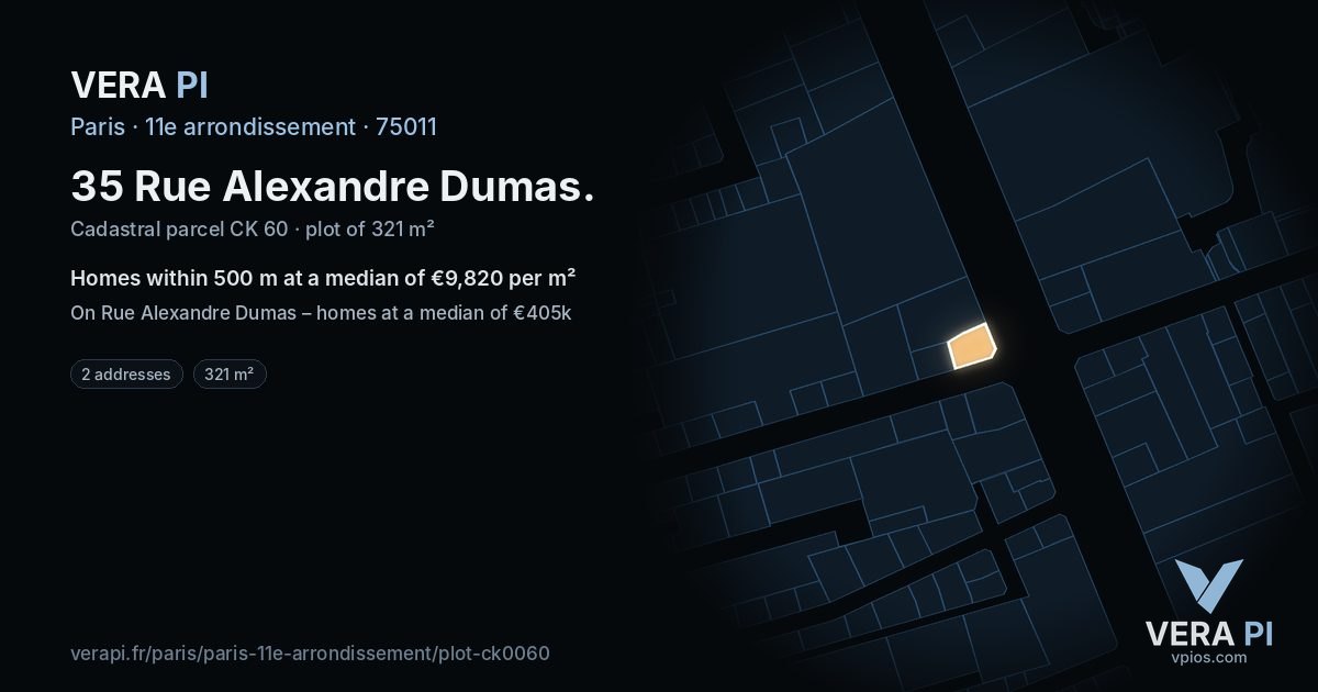 35 Rue Alexandre Dumas, 11e arrondissement at night – the plot lit, the parcels around coloured by the prices near them
