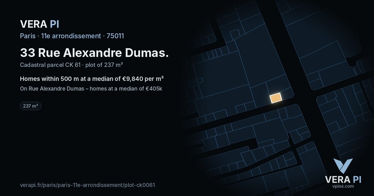33 Rue Alexandre Dumas, 11e arrondissement at night – the plot lit, the parcels around coloured by the prices near them