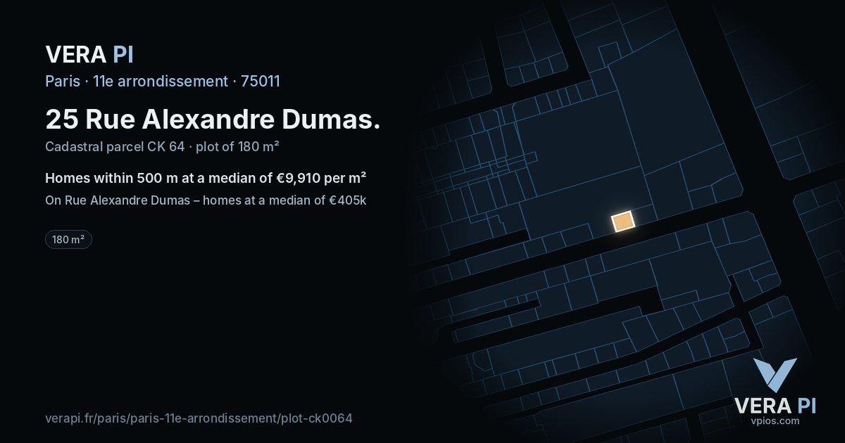 25 Rue Alexandre Dumas, 11e arrondissement at night – the plot lit, the parcels around coloured by the prices near them