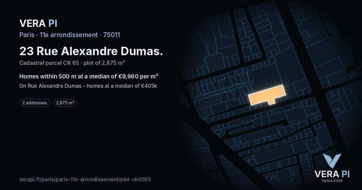 23 Rue Alexandre Dumas, 11e arrondissement at night – the plot lit, the parcels around coloured by the prices near them