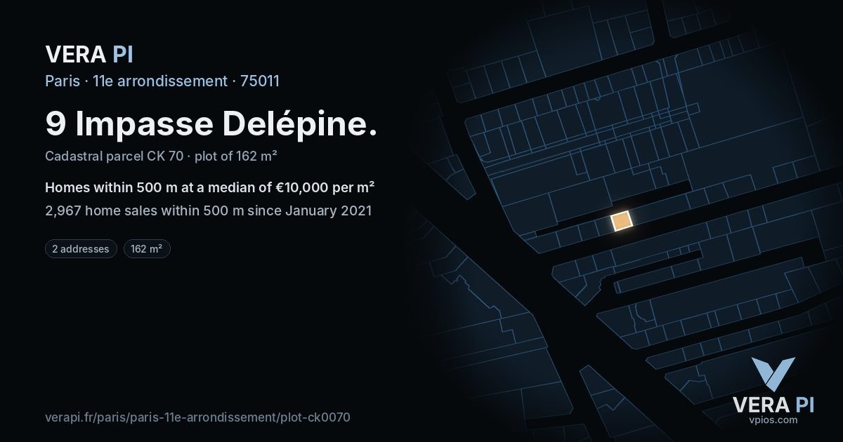 9 Impasse Delépine, 11e arrondissement at night – the plot lit, the parcels around coloured by the prices near them