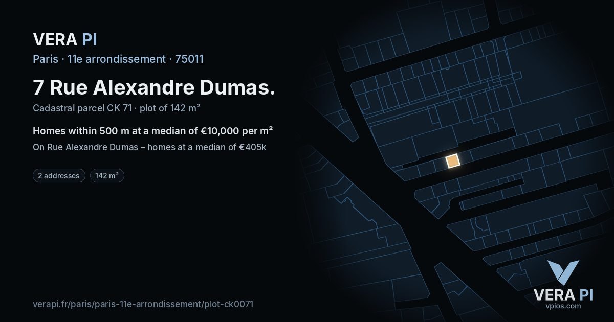 7 Rue Alexandre Dumas, 11e arrondissement at night – the plot lit, the parcels around coloured by the prices near them