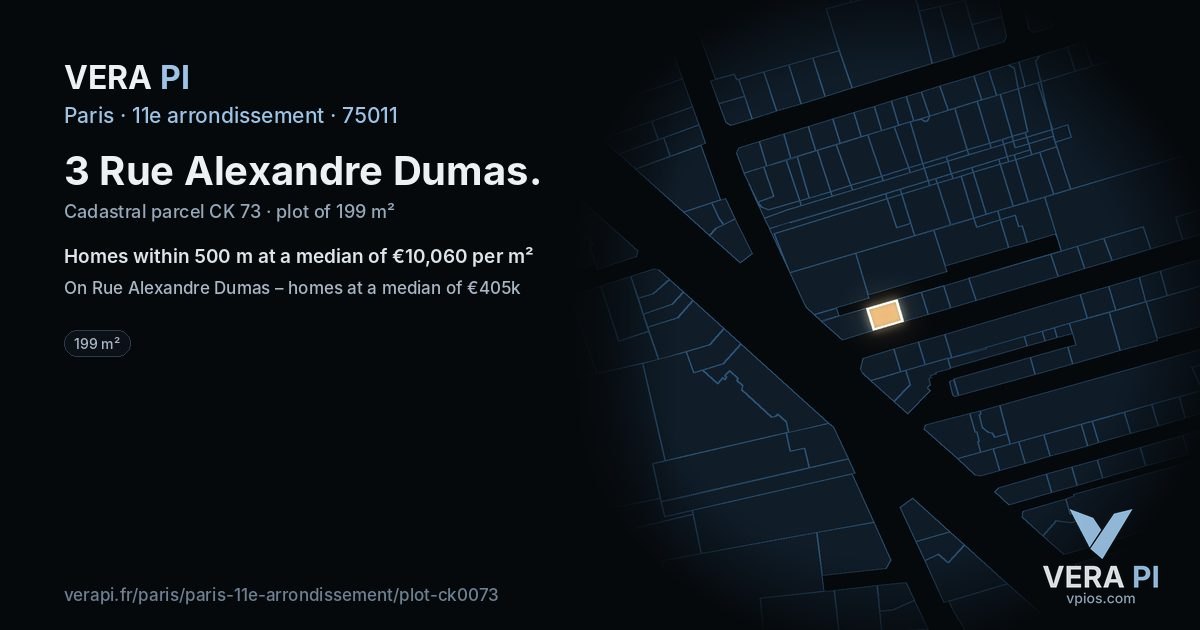 3 Rue Alexandre Dumas, 11e arrondissement at night – the plot lit, the parcels around coloured by the prices near them