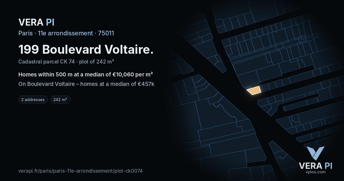 199 Boulevard Voltaire, 11e arrondissement at night – the plot lit, the parcels around coloured by the prices near them