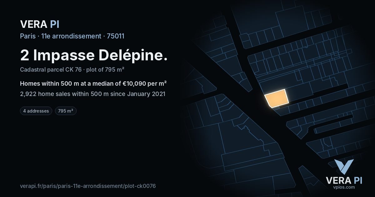 2 Impasse Delépine, 11e arrondissement at night – the plot lit, the parcels around coloured by the prices near them