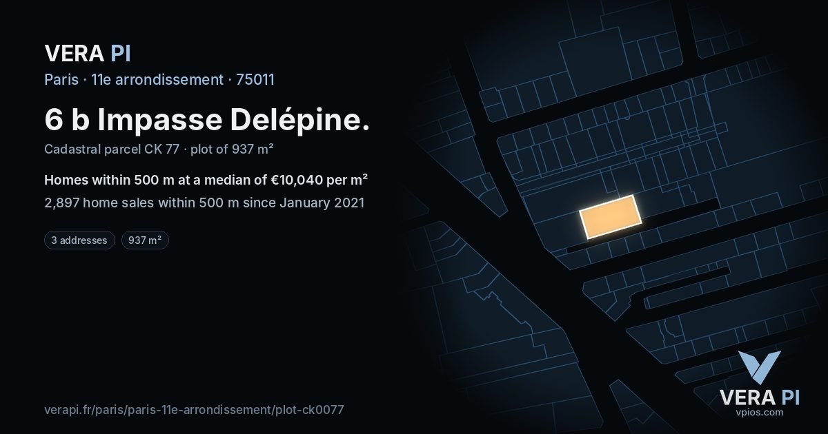 6 b Impasse Delépine, 11e arrondissement at night – the plot lit, the parcels around coloured by the prices near them