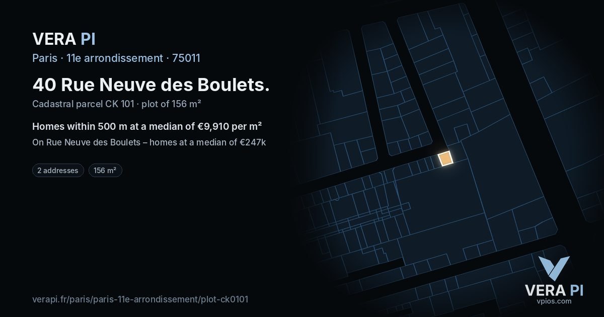 40 Rue Neuve des Boulets, 11e arrondissement at night – the plot lit, the parcels around coloured by the prices near them