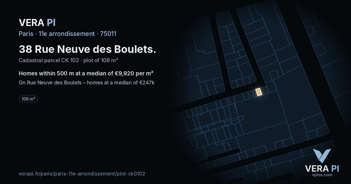 38 Rue Neuve des Boulets, 11e arrondissement at night – the plot lit, the parcels around coloured by the prices near them