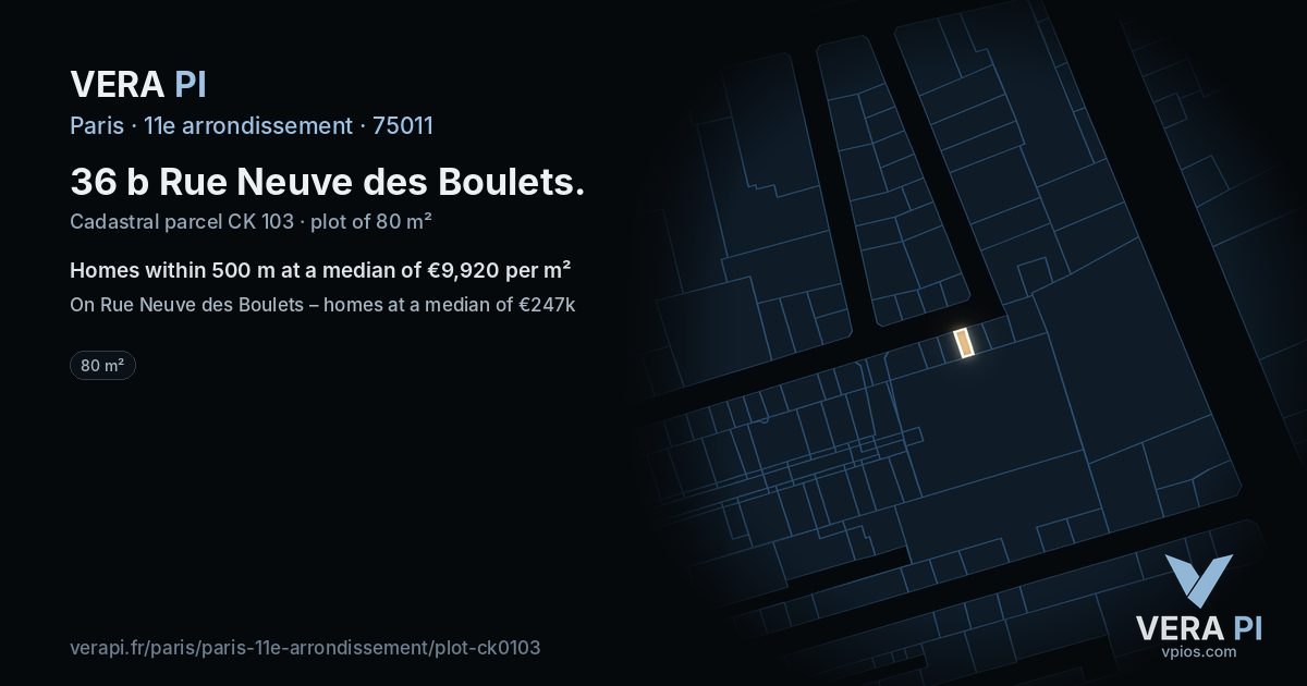 36 b Rue Neuve des Boulets, 11e arrondissement at night – the plot lit, the parcels around coloured by the prices near them