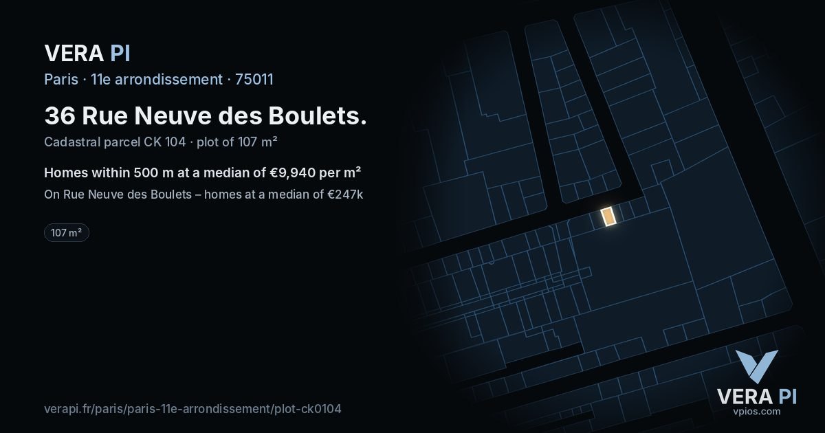36 Rue Neuve des Boulets, 11e arrondissement at night – the plot lit, the parcels around coloured by the prices near them