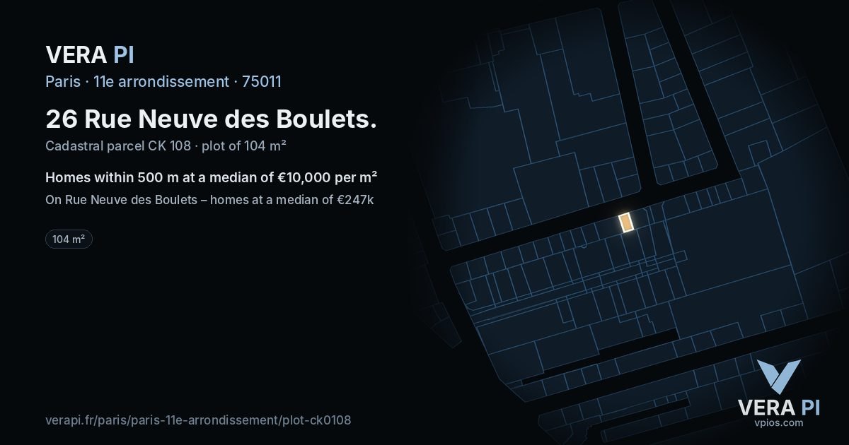 26 Rue Neuve des Boulets, 11e arrondissement at night – the plot lit, the parcels around coloured by the prices near them