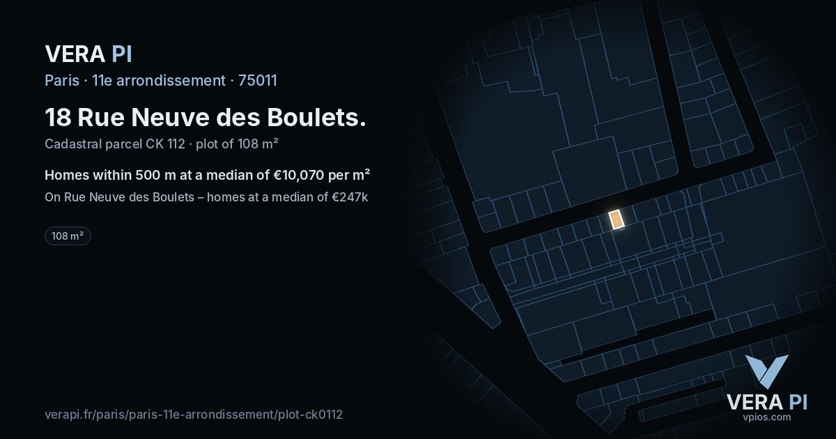 18 Rue Neuve des Boulets, 11e arrondissement at night – the plot lit, the parcels around coloured by the prices near them
