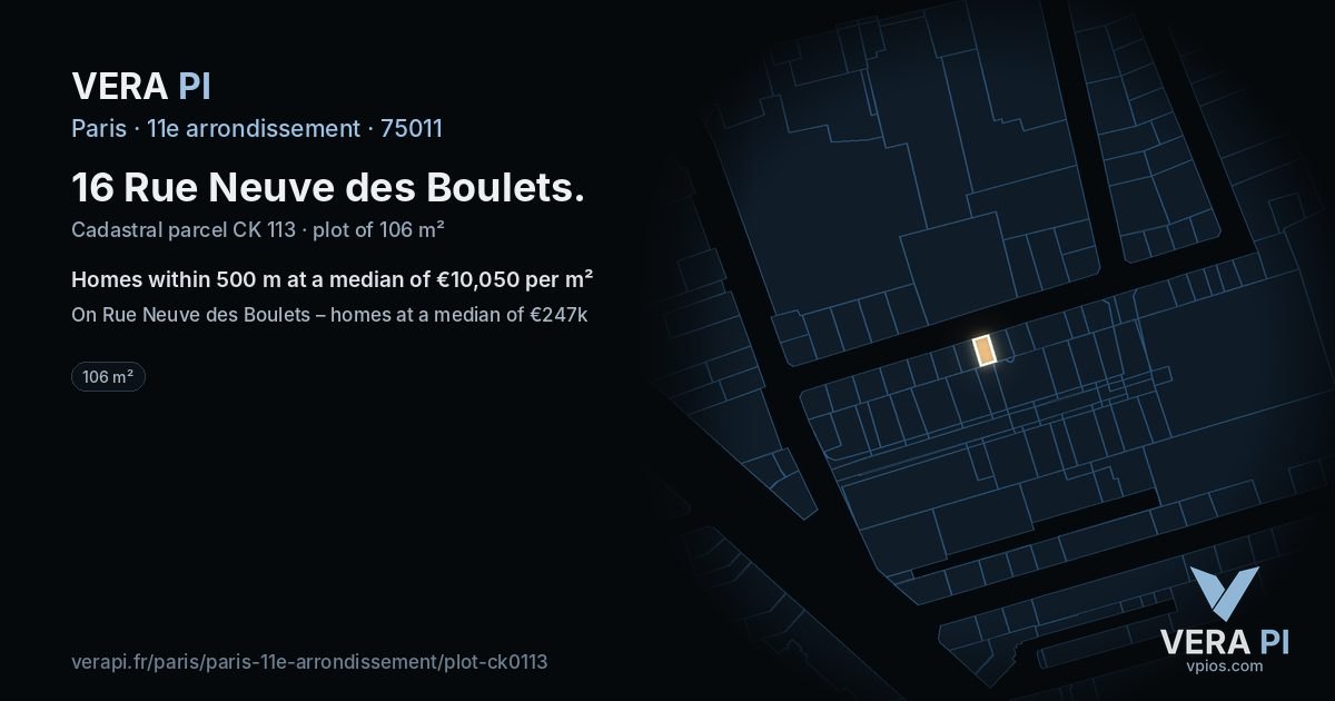 16 Rue Neuve des Boulets, 11e arrondissement at night – the plot lit, the parcels around coloured by the prices near them