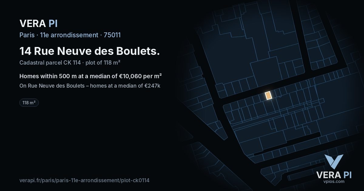 14 Rue Neuve des Boulets, 11e arrondissement at night – the plot lit, the parcels around coloured by the prices near them