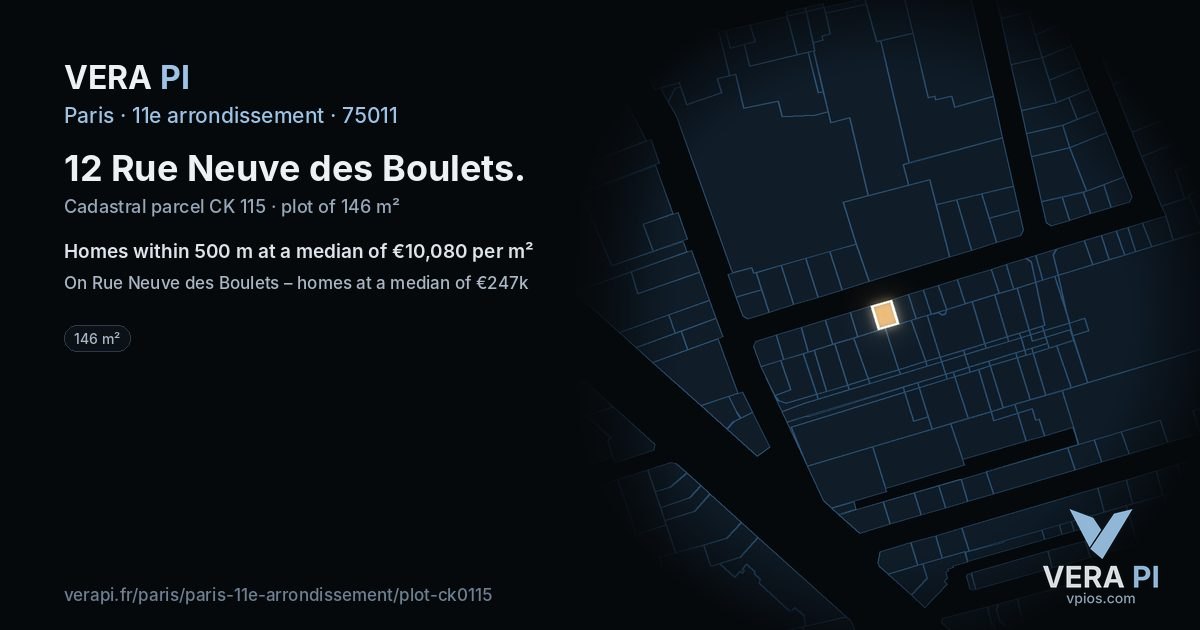 12 Rue Neuve des Boulets, 11e arrondissement at night – the plot lit, the parcels around coloured by the prices near them