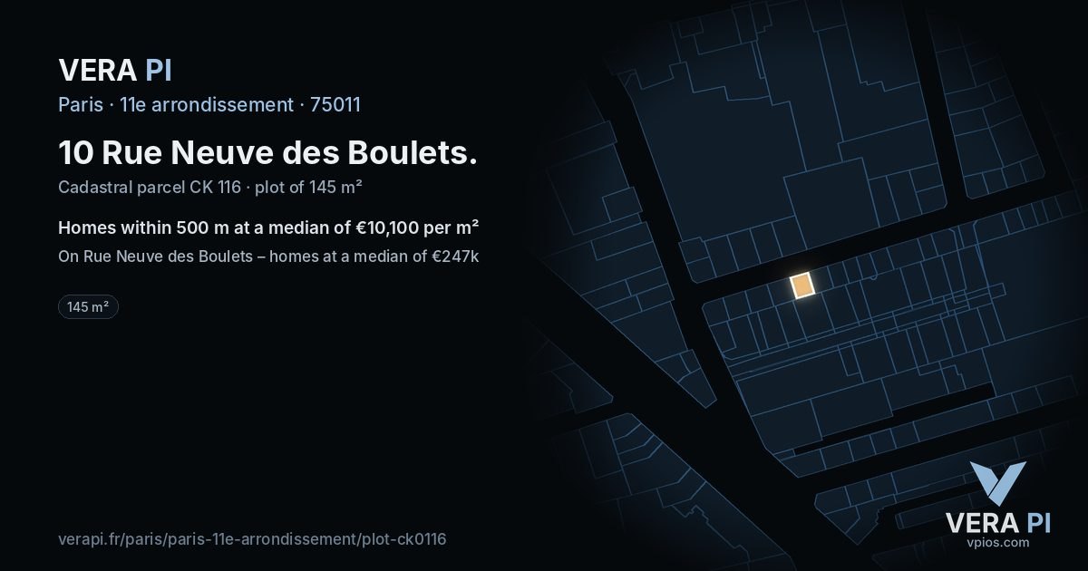 10 Rue Neuve des Boulets, 11e arrondissement at night – the plot lit, the parcels around coloured by the prices near them