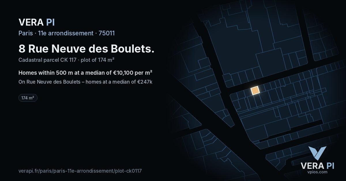 8 Rue Neuve des Boulets, 11e arrondissement at night – the plot lit, the parcels around coloured by the prices near them