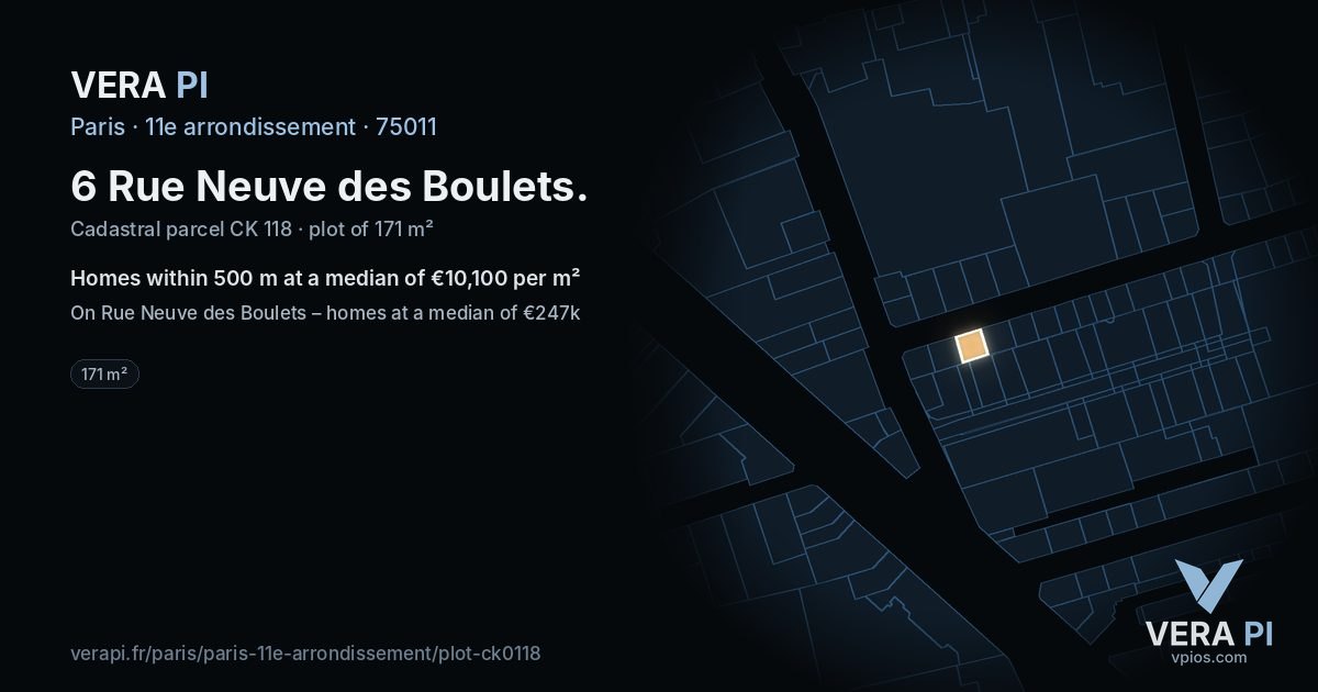 6 Rue Neuve des Boulets, 11e arrondissement at night – the plot lit, the parcels around coloured by the prices near them