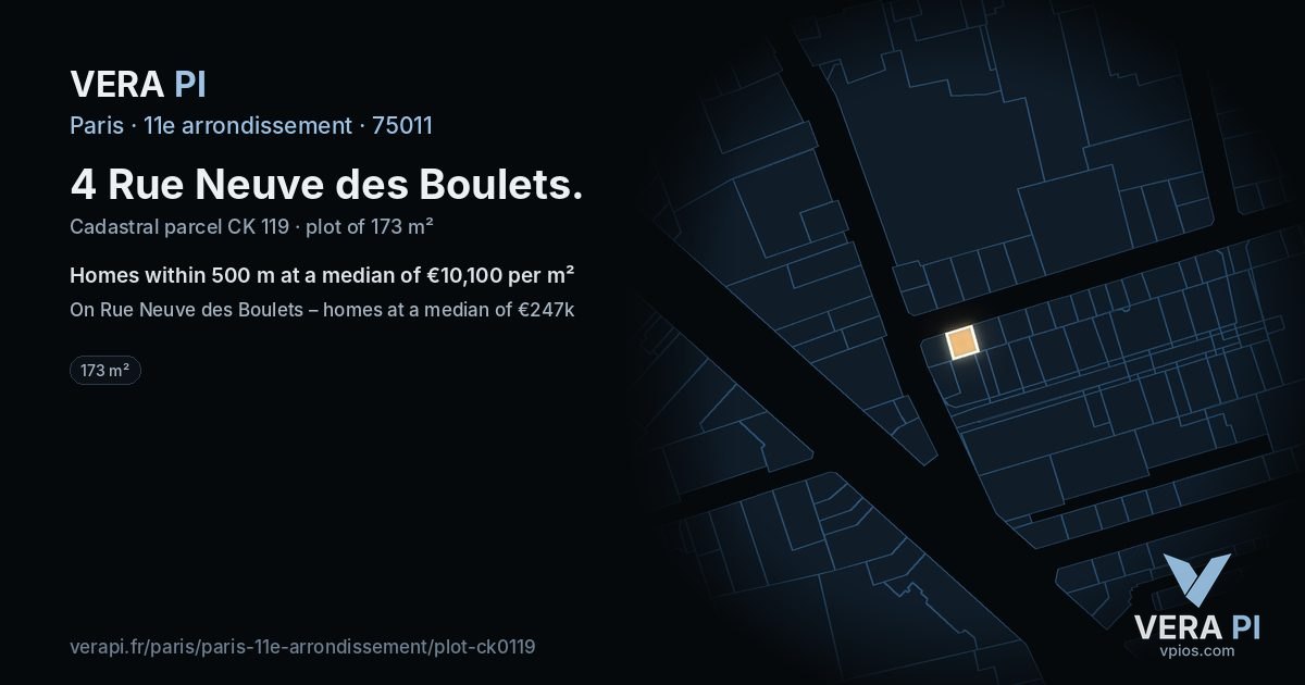 4 Rue Neuve des Boulets, 11e arrondissement at night – the plot lit, the parcels around coloured by the prices near them
