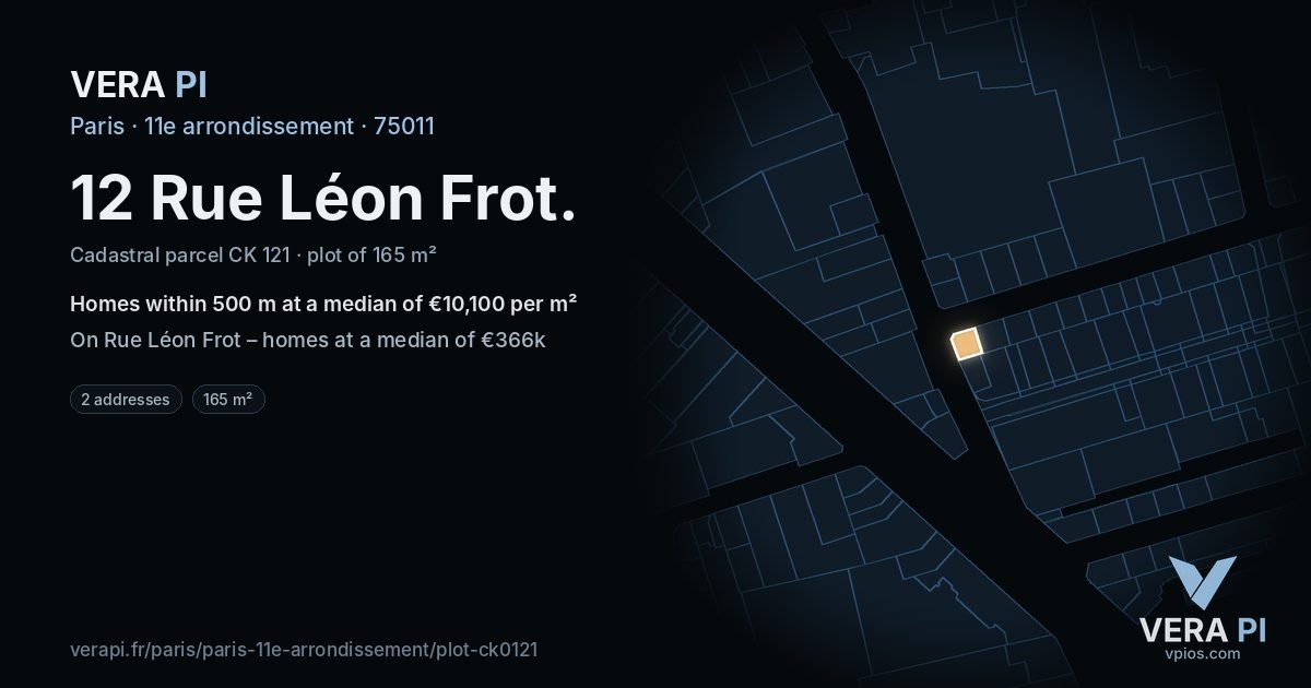 12 Rue Léon Frot, 11e arrondissement at night – the plot lit, the parcels around coloured by the prices near them