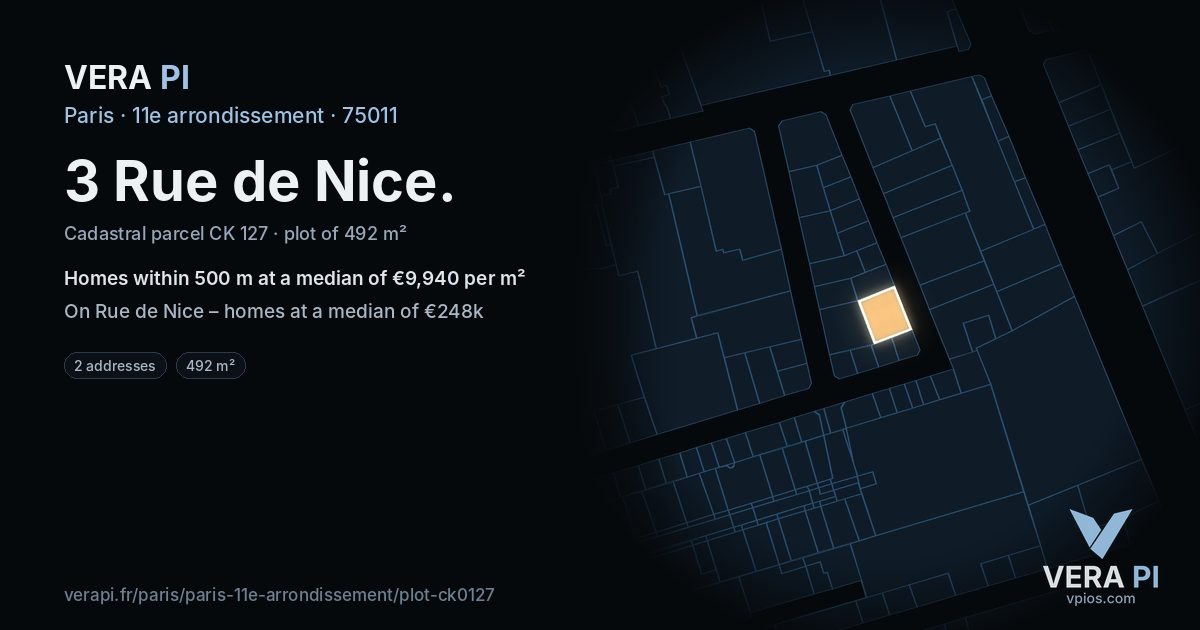 3 Rue de Nice, 11e arrondissement at night – the plot lit, the parcels around coloured by the prices near them