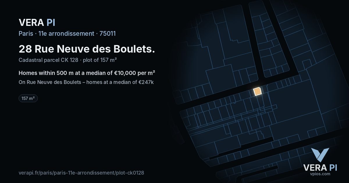 28 Rue Neuve des Boulets, 11e arrondissement at night – the plot lit, the parcels around coloured by the prices near them