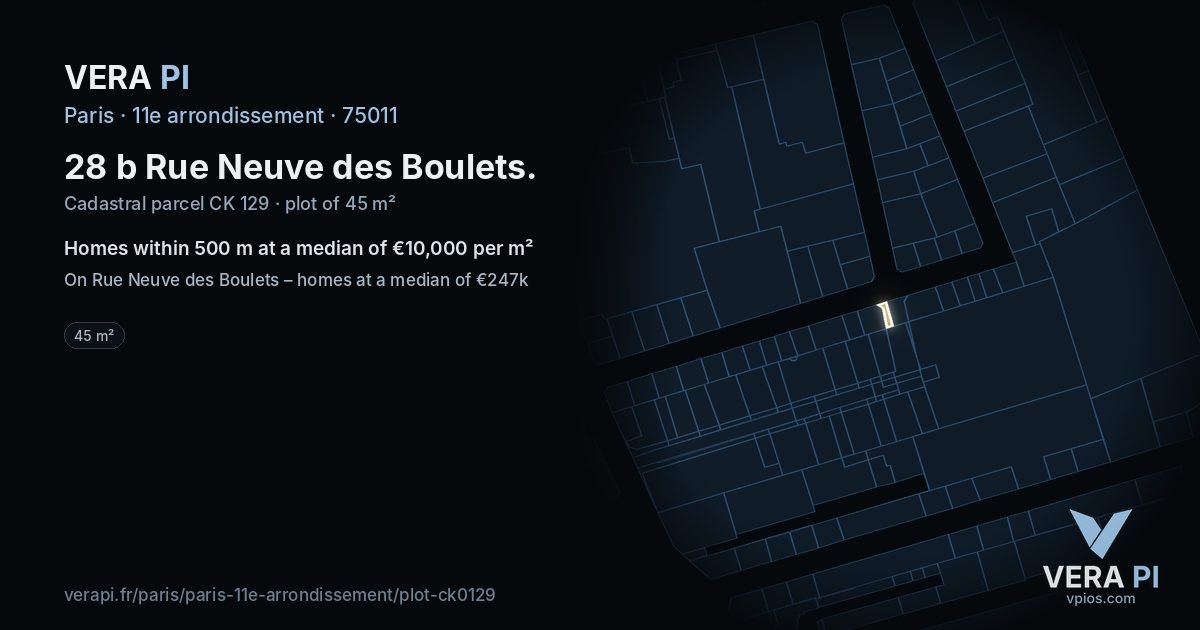 28 b Rue Neuve des Boulets, 11e arrondissement at night – the plot lit, the parcels around coloured by the prices near them